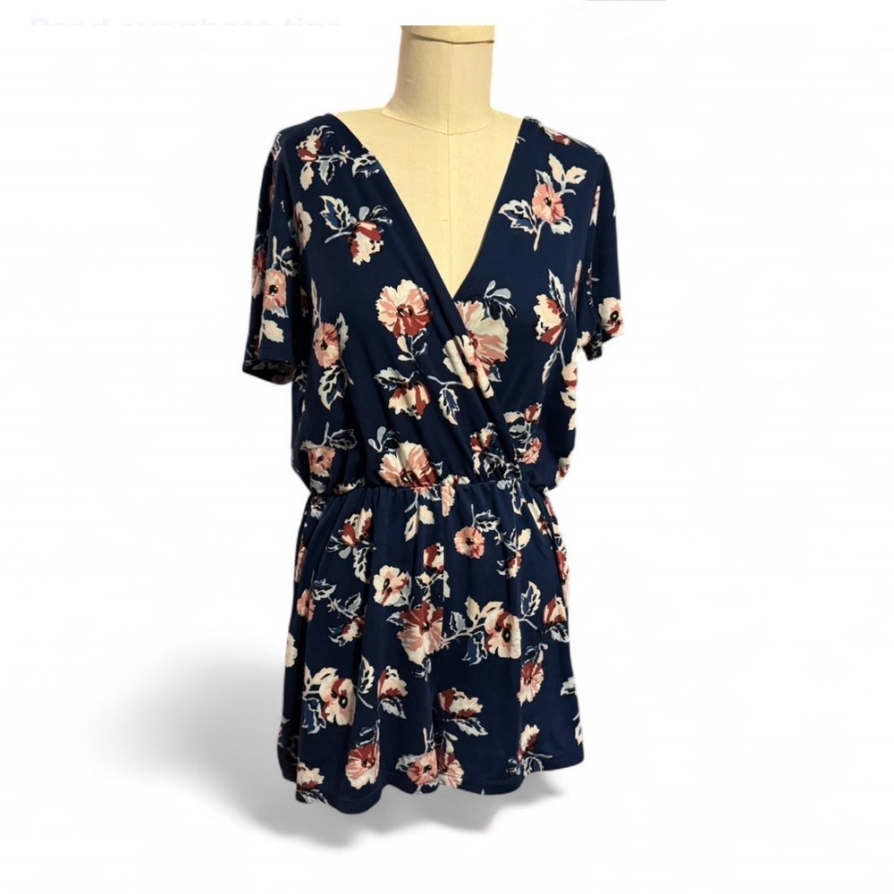 French Grey Floral Navy Romper